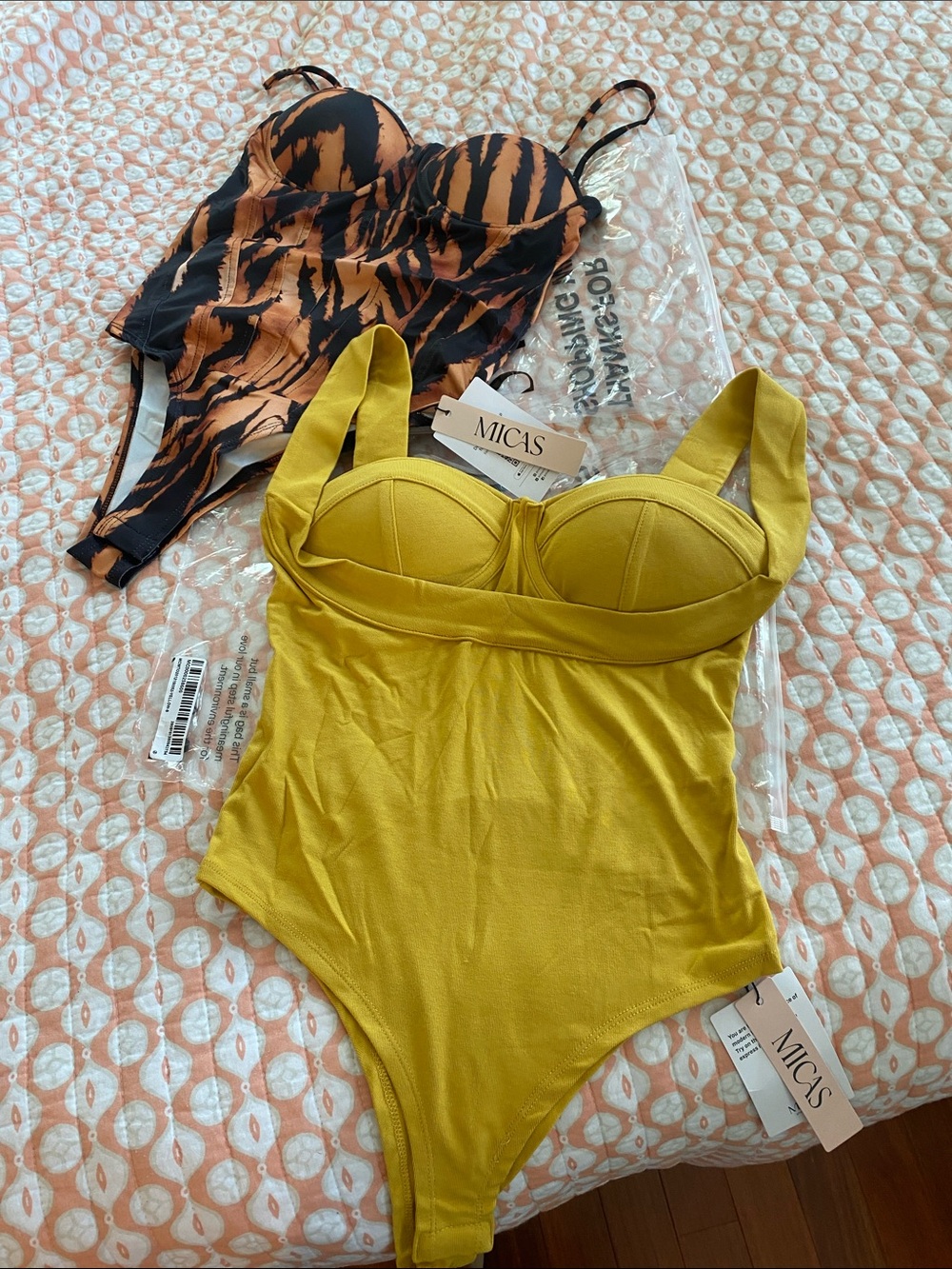 2 for 1 NWT sleeveless bodysuits, mustard yellow and tiger print